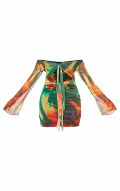 Multi Abstract Flower Printed Mesh Cut Out Mini Dress