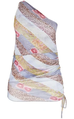 Multi Abstract Lips Print Mesh Layered One Shoulder Mini Dress