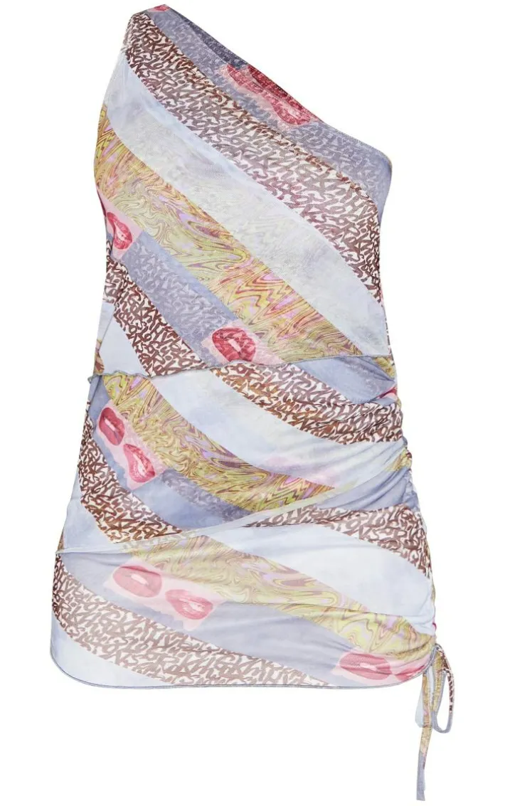 Multi Abstract Lips Print Mesh Layered One Shoulder Mini Dress