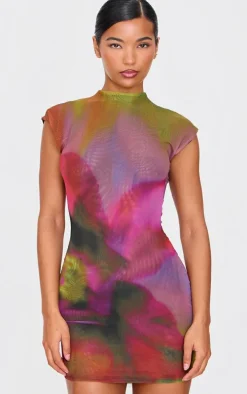 Multi Abstract Mesh Print Mini Dress