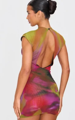 Multi Abstract Mesh Print Mini Dress