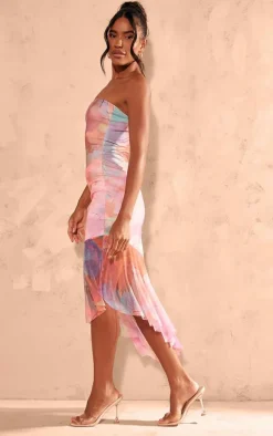 Multi Abstract Print Asymmetric Frill Hem Bandeau Midaxi Dress