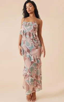 Multi Abstract Print Chiffon Frill Detail Maxi Dress