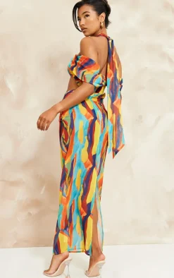Multi Abstract Print Chiffon Cut Out Bardot Midi Dress