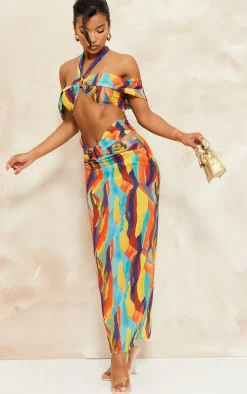 Multi Abstract Print Chiffon Cut Out Bardot Midi Dress