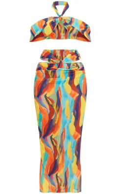 Multi Abstract Print Chiffon Cut Out Bardot Midi Dress