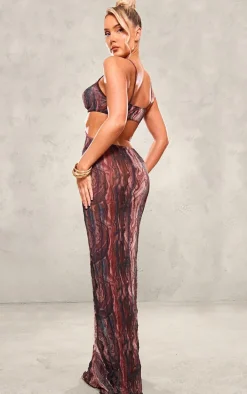 Multi Abstract Print Crinkle Mesh Cut Out Maxi Dress