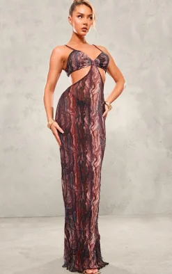 Multi Abstract Print Crinkle Mesh Cut Out Maxi Dress