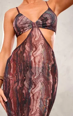 Multi Abstract Print Crinkle Mesh Cut Out Maxi Dress