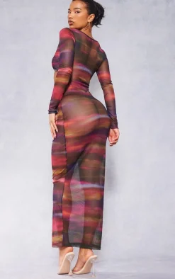 Multi Abstract Print Cut Out Long Sleeve Mesh Maxi Dress