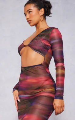 Multi Abstract Print Cut Out Long Sleeve Mesh Maxi Dress