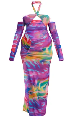 Multi Abstract Print Cut Out Halter Neck Maxi Beach Dress