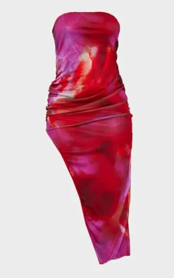 Multi Abstract Print Mesh Bandeau Thigh Split Midaxi Dress