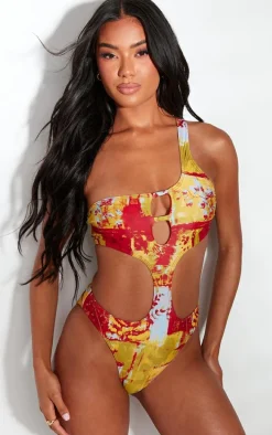 Multi Abstract Print One Shoulder Cut Out Swimsuit