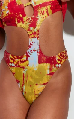 Multi Abstract Print One Shoulder Cut Out Swimsuit