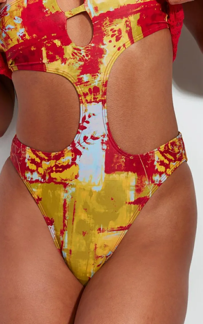 Multi Abstract Print One Shoulder Cut Out Swimsuit