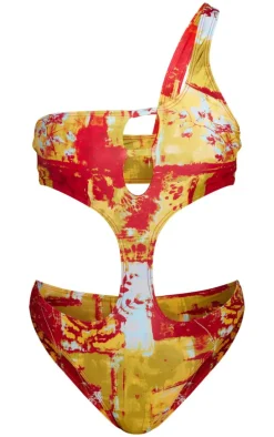 Multi Abstract Print One Shoulder Cut Out Swimsuit