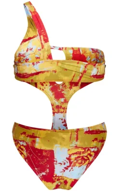 Multi Abstract Print One Shoulder Cut Out Swimsuit