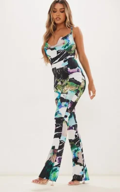 Multi Abstract Print Plisse Cowl Strappy Jumpsuit