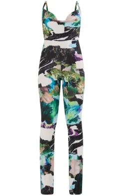 Multi Abstract Print Plisse Cowl Strappy Jumpsuit