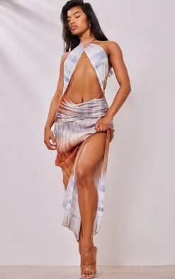 Multi Abstract Print Plisse Cross Neck Cut Out Midaxi Dress