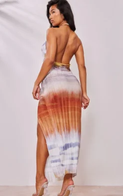 Multi Abstract Print Plisse Cross Neck Cut Out Midaxi Dress