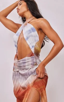 Multi Abstract Print Plisse Cross Neck Cut Out Midaxi Dress