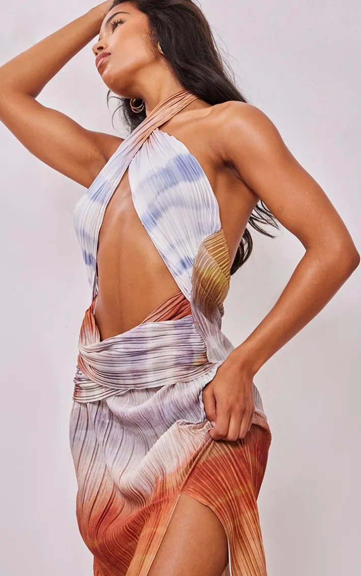 Multi Abstract Print Plisse Cross Neck Cut Out Midaxi Dress