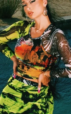 Multi Abstract Print Ruched Mesh Mini Skirt