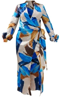 Multi Abstract Print Satin Wrap Midaxi Dress