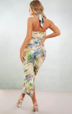 Multi Abstract Print Satin Ring Corset Detail Midaxi Dress