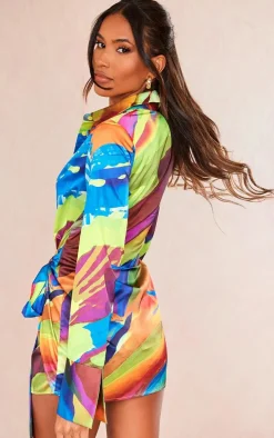Multi Abstract Print Satin Tie Detail Shirt Dress