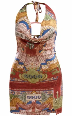 Multi Abstract Print Slinky Halter Neck Cross Bar Mini Dress