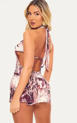 Multi Abstract Print Slinky Ruched Halterneck Skort Romper