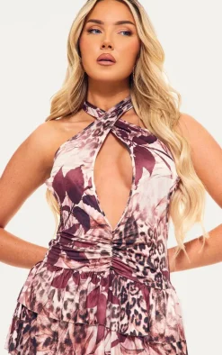 Multi Abstract Print Slinky Ruched Halterneck Skort Romper