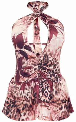 Multi Abstract Print Slinky Ruched Halterneck Skort Romper