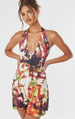 Multi Abstract Print Slinky Halter Neck Mini Dress