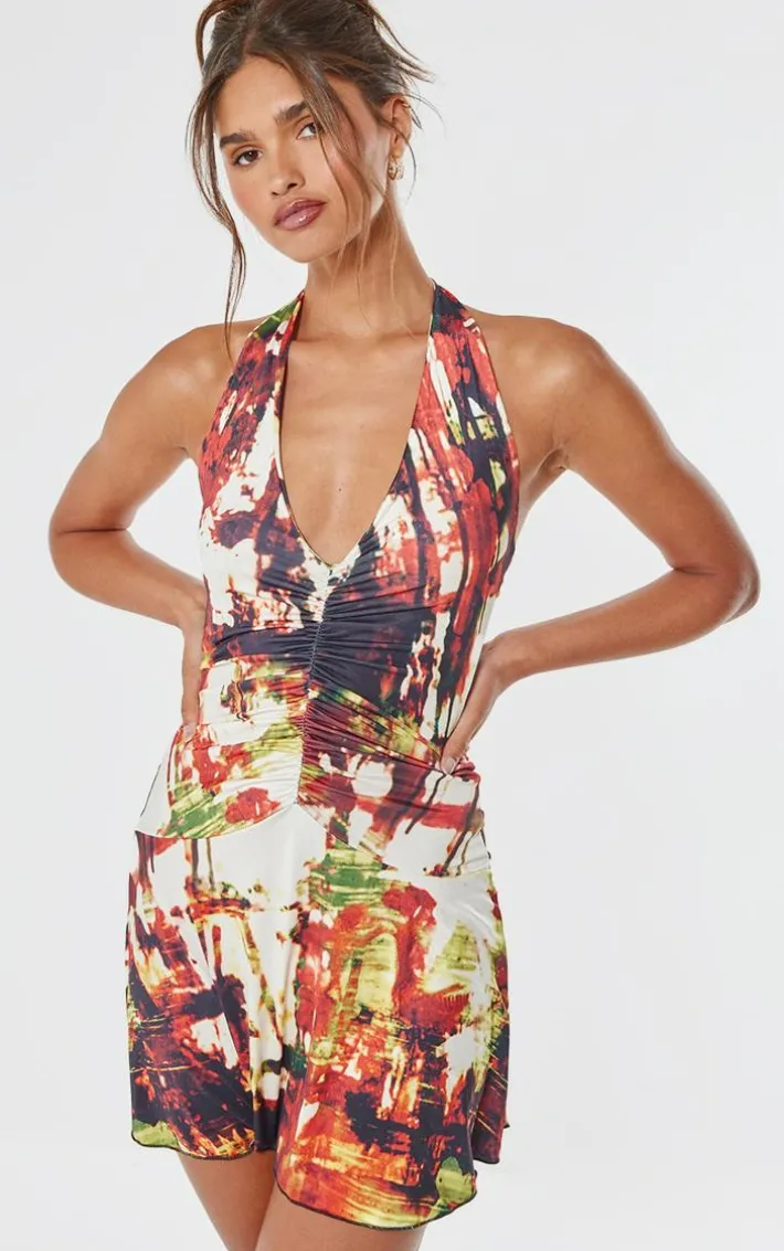 Multi Abstract Print Slinky Halter Neck Mini Dress