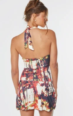 Multi Abstract Print Slinky Halter Neck Mini Dress