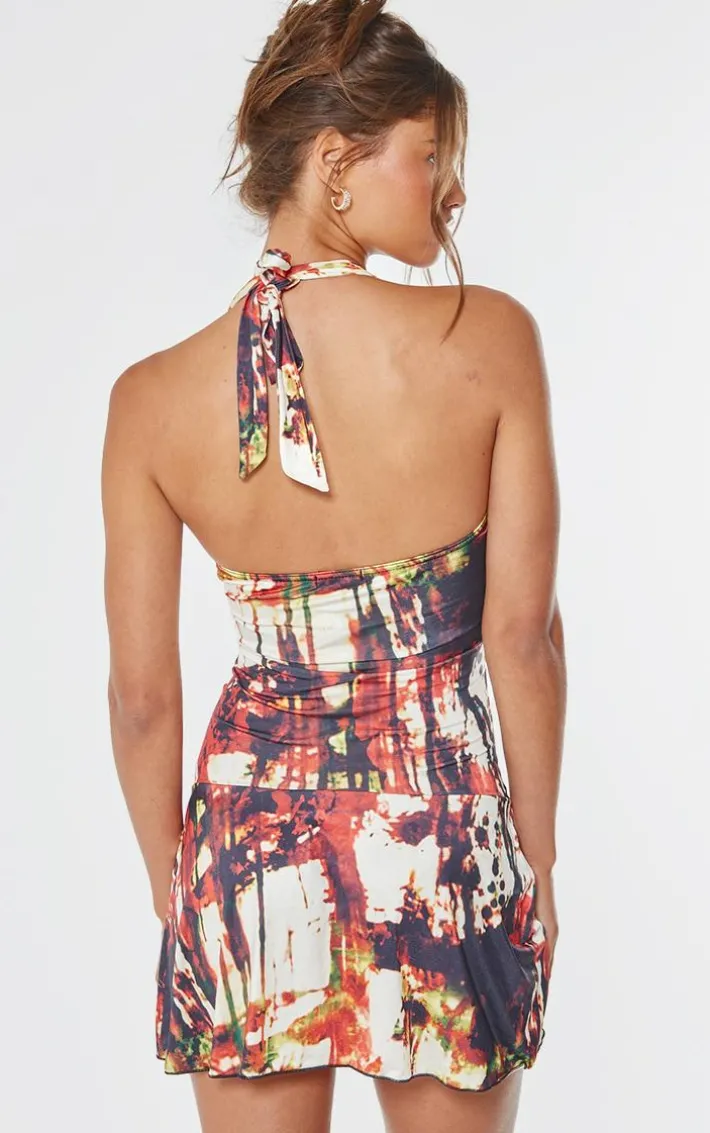 Multi Abstract Print Slinky Halter Neck Mini Dress