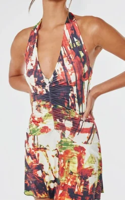Multi Abstract Print Slinky Halter Neck Mini Dress