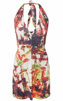 Multi Abstract Print Slinky Halter Neck Mini Dress