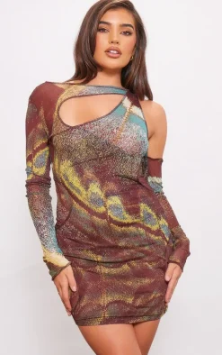 Multi Abstract Print Tie Dye Mesh Double Layer Cut Out Bodycon Dress