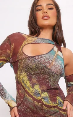 Multi Abstract Print Tie Dye Mesh Double Layer Cut Out Bodycon Dress