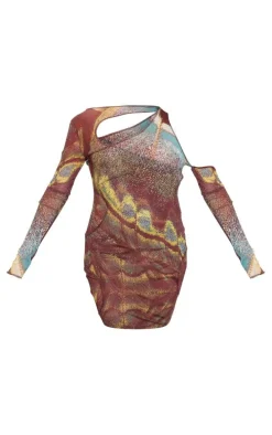 Multi Abstract Print Tie Dye Mesh Double Layer Cut Out Bodycon Dress