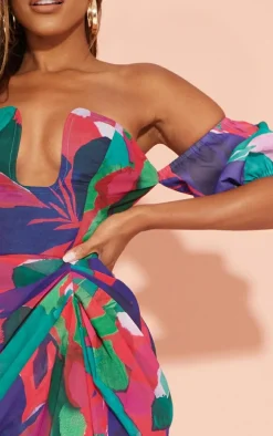Multi Abstract Print Wire Detail Puff Sleeve Draped Midi Dress