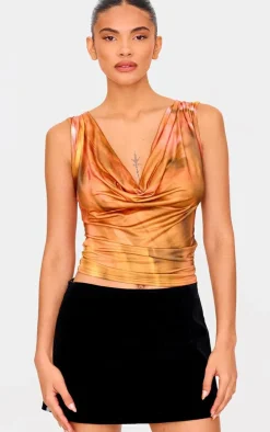 Multi Abstract Printed Cowl Neck Long Top