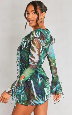 Multi Abstract Printed Double Mesh Long Sleeve Shift Dress