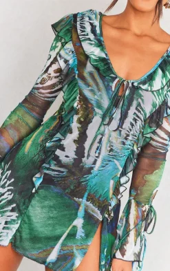 Multi Abstract Printed Double Mesh Long Sleeve Shift Dress