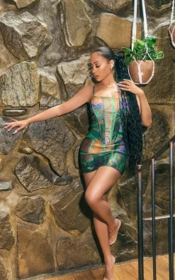 Multi Abstract Printed Low Rise Micro Mini Skirt